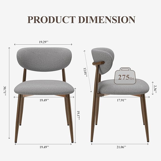 Dining Chairs Set of 2, Ergonomic Fabric Upholstered Seating with Wood Look Metal Legs and Anti Slip Pads, for Home and Restaurant Use, Light Grey