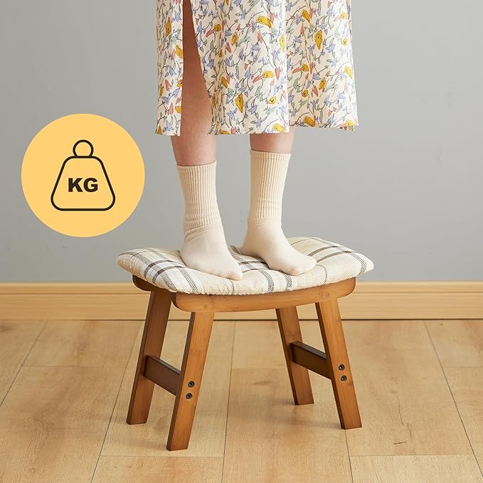 Foot Stool Ottoman Foot Rest Under Desk,Small Stool for Living Room, Bedroom and Kitchen (Brown Legs - Stripes Stool Surface)