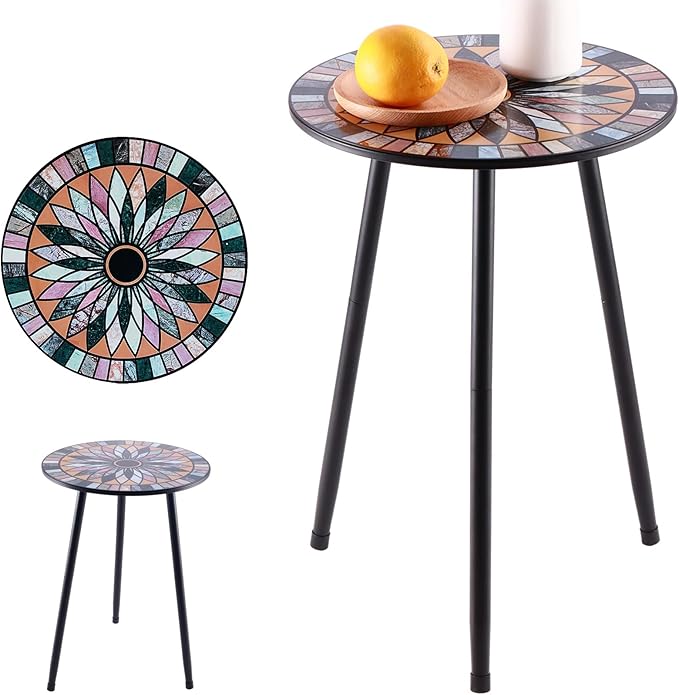 Party Zealot Metal Mosaic Round Side Tables Set of Two 13.4" Small Outdoor Patio Round Accent Coffee Tables Indoor Corner Stand for Small Spaces Weather-Resistant for Balcony Plant Stand