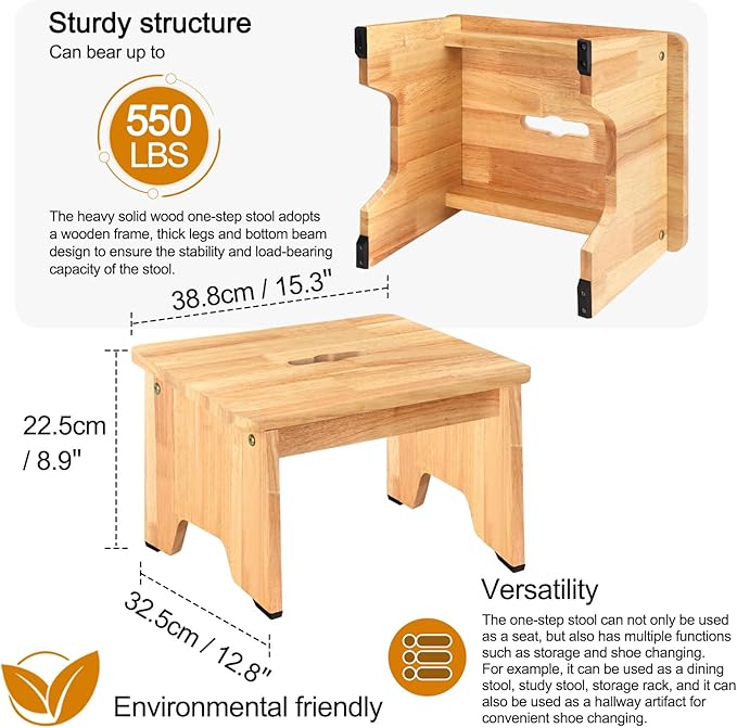 One Step Stool for Adults Seniors, 9" Heavy Duty Wooden Stepping Stools with 550 LBS Capacity for Bedroom Kitchen Bathroom, Bed Steps for High Beds, Bedside Support