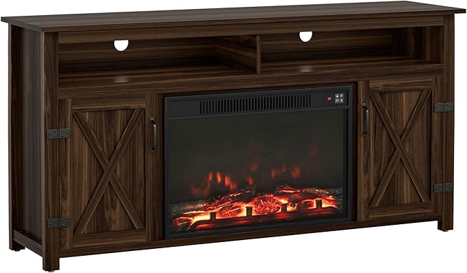 YESHOMY Fireplace TV Stand for Television up to 65+ Inch with Storage and Farmhouse Barn Doors, Entertainment Center with Cabinet and Shelves, Media Console for Living Room, Walnut