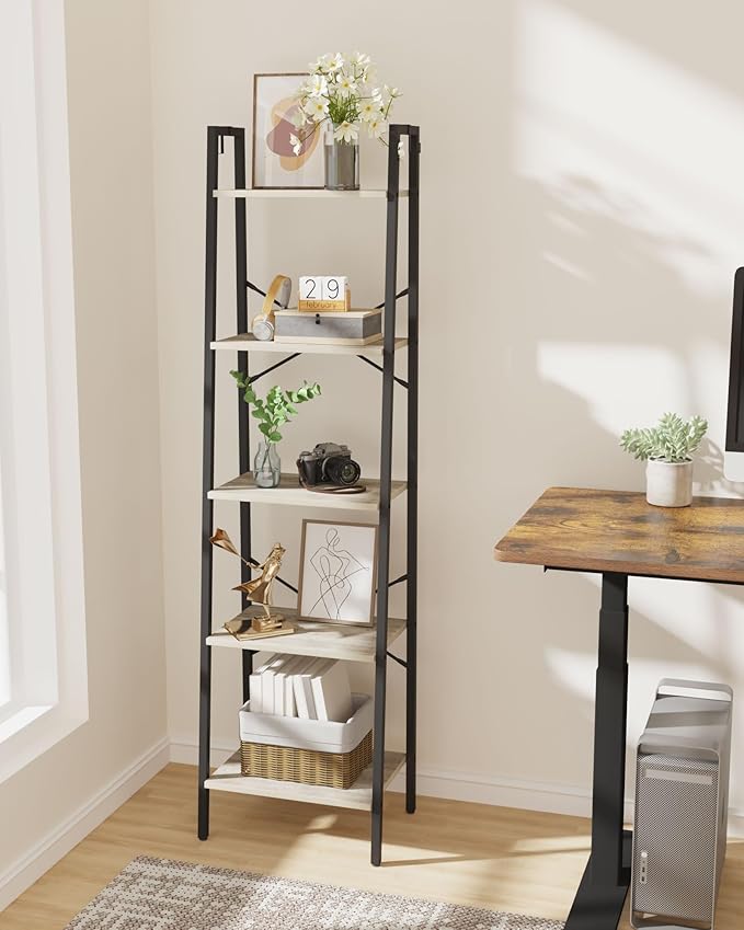 Ladder Shelf, Bookshelf Bookcase, Freestanding Corner Storage Shelve with 2 Hooks for Home Office, Living Room, Kitchen, Bedroom, Industrial, 5-Tier Greige BC19205B