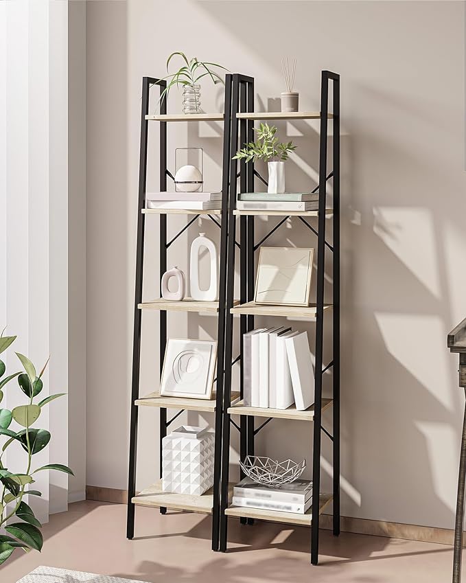 Ladder Shelf, Bookshelf Bookcase, Freestanding Corner Storage Shelve with 2 Hooks for Home Office, Living Room, Kitchen, Bedroom, Industrial, 5-Tier Greige BC03205B