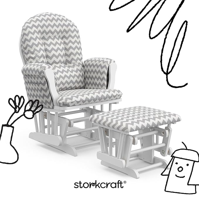 Storkcraft Premium Hoop Glider & Ottoman (White/Gray Chevron) — GREENGUARD Gold Certified Nursery Glider, Solid Wood Craftsmanship, Smooth-Gliding Nursery Chair and Ottoman, Award-Winning