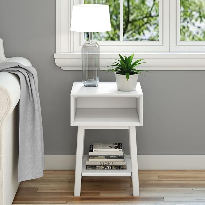 Plank+Beam Wooden Side Table with Cubby Storage Shelf, Mid Century Modern End Tables for Living Room, Small Solid Wood Nightstand, Bedside Tables, Bedroom Furniture, White
