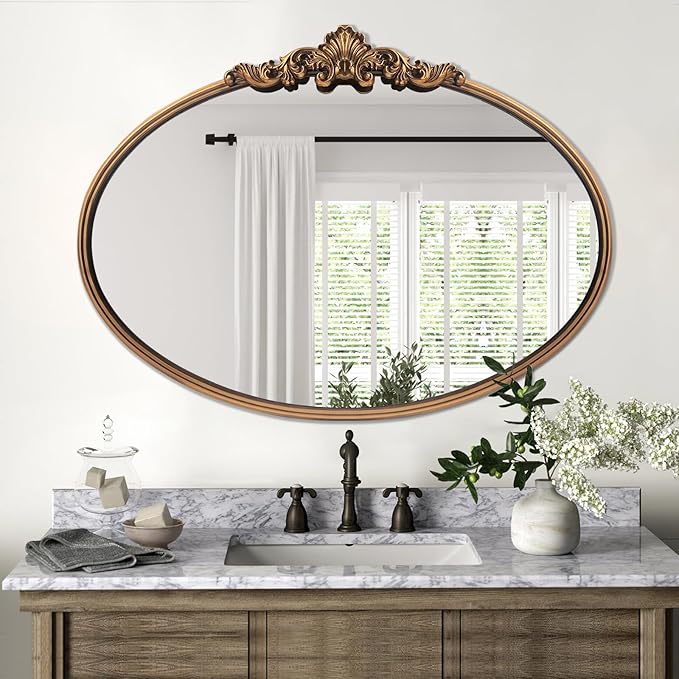 WAMIRRO Oval Mirror,Gold Traditional Vintage Ornate Baroque Mirrors,Antique Brass Mirrors for Entryway/Fireplace/Living Room/Hallway/Bathroom.36“X24“Gold