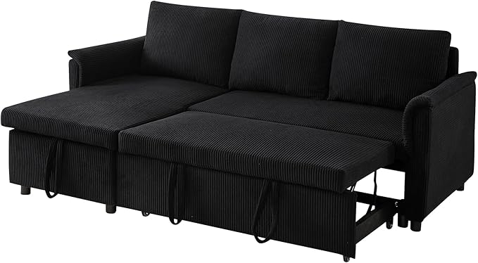 Ball & Cast L-Shape Reversible Sectional Sleeper Sofa Bed 4 in 1 Pull Out Couch with Storage Chaise&Removable Backrest,Convertible Sleeper Corner Couch Pull-Out Sofa Bed for Living Room,Corduroy,Black