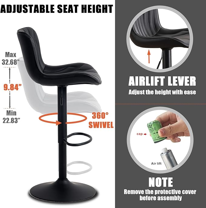 YOUNIKE Black Bar Stools Set of 6 Modern Swivel Counter Height Bar Chair with Back Adjustable Kitchen Island Faux Leather Padded Barstools taburetes de bar Breakfast sillas para barra de cocina 6PCS