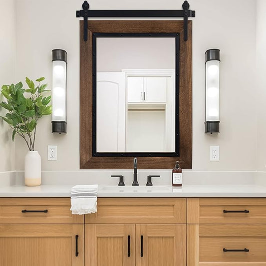 YOSHOOT Farmhouse Barn Door Mirror, 40"x30" Rustic Bathroom Mirror, Wood Frame Wall Mirror, Wooden Mirror for Living Room Bedroom Entryway Wall Décor, Vertical Hanging ONLY