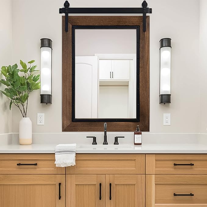 YOSHOOT Farmhouse Barn Door Mirror, 32"x24" Rustic Bathroom Mirror, Wood Frame Wall Mirror, Wooden Mirror for Living Room Bedroom Entryway Wall Décor, Vertical Hanging ONLY