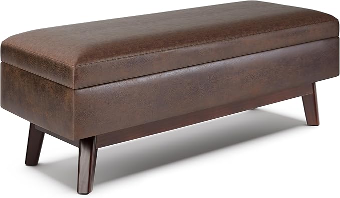 SIMPLIHOME Owen 48 inch Wide Mid Century Modern Rectangle Rectangular Storage Ottoman in Distressed Chestnut Brown Vegan Faux Leather, Assembled, For the Living Room, Entryway and Family Room