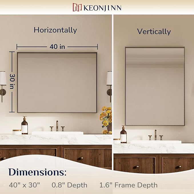 Keonjinn 40 x 30 Inch Brushed Bronze Mirror for Bathroom Rectangular Wall Mount Vanity Mirror Metal Frame Farmhouse Bronze Mirrors Large Decorative Square Corner Rectangle Mirrors(Horizontal/Vertical)