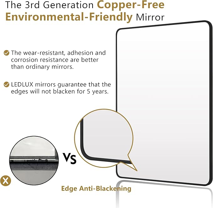24"x40" Bathroom Wall Mirror with Matte Black Metal Frame & HD Glass, Copper-Free Mirrors Modern Rectangle Round Corner Framed Vanity Mirror - Horizontal or Vertical Installation