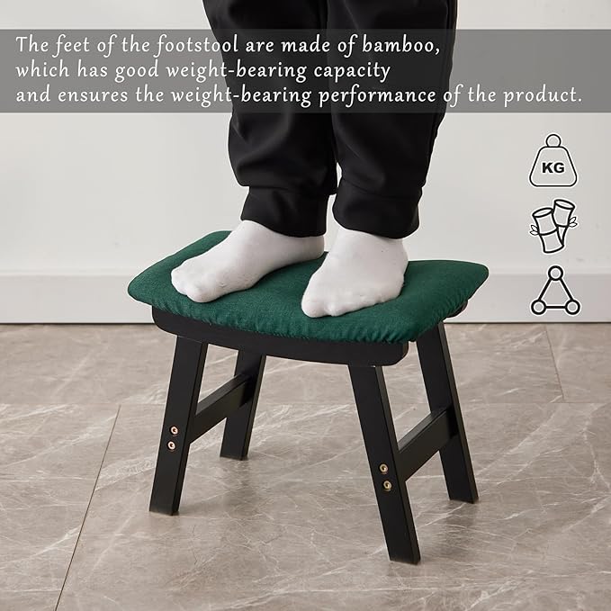 Foot Stool,Ottoman,Bamboo Small Sofa Foot Rest Under Desk,Extra Seating for Living Room, Bedroom and Kitchen (Black Stool Legs - Green Surface)