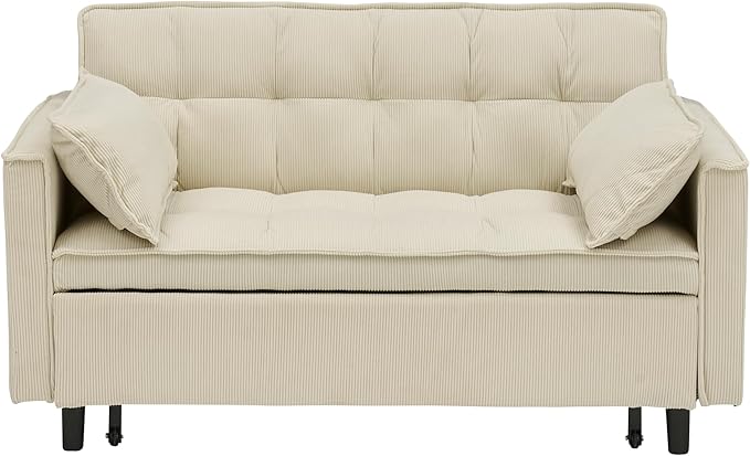 Ball & Cast Convertible Sofa Bed,Pull Out Loveseat Sleeper Sofa,Convertible Pull Out Couch W/ 2 Pillows,Adjustable Backrest & Side Pocket,Corduroy Futon Couches for Living Room,Apartment,Beige,54"