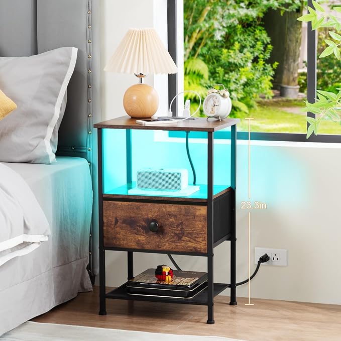 Night Stand Set 2, LED Nightstand with Charging Station, End Tables Living Room with Fabric Drawer for Small Spaces, Side Tables with Storage Shelf for Bedroom, Brown HETS01PBR
