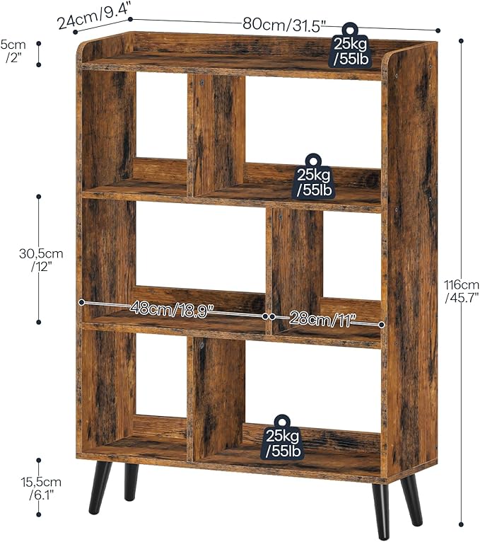 HOOBRO 6 Cube Bookshelf, 4 Tier Bookcase with Legs, Mid-Century Modern Bookshelves, Large Open Storage Shelf, Wooden Book Case for Living Room, Bedroom, Office, Kitchen, Rustic Brown FG116SJ01