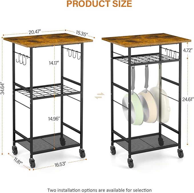 Rolling Kitchen Microwave Cart, 3 Tier Microwave Table Stand with Adjustable Shelf, Kitchen Storage Rack on Wheels, Coffee Station Cart Rack Shelf Organizer for Living Room Office, Balcony