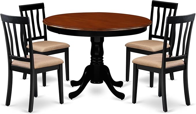 East West Furniture HLAN5-BCH-C 5 Piece Kitchen Table Set for 4 Includes a Round Dining Room Table with Pedestal and 4 Linen Fabric Upholstered Dining Chairs, 42x42 Inch, Black & Cherry