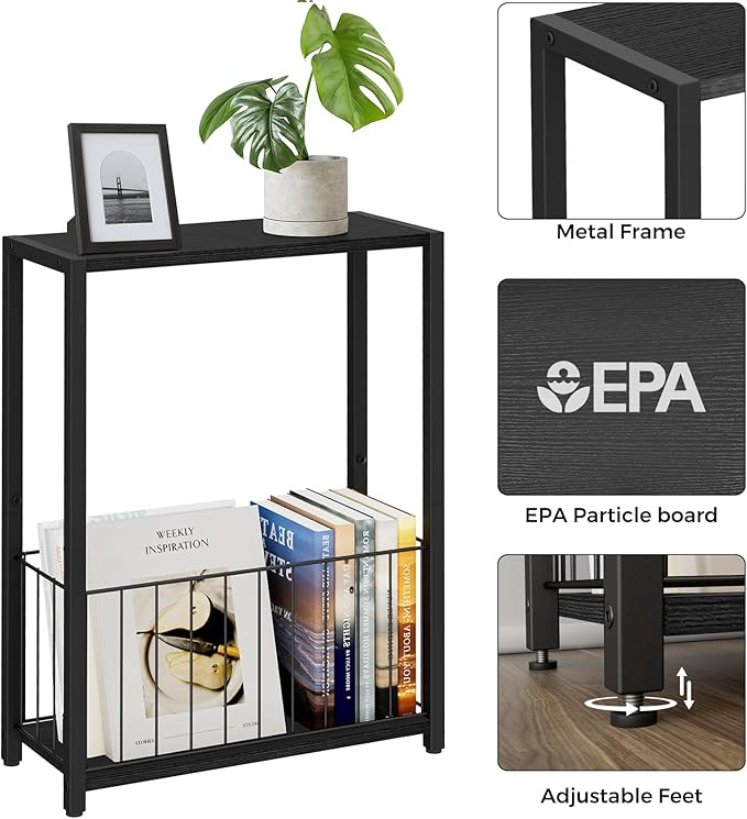 Narrow Side Tables Set of 2 with Magazine Holder, Skinny End Tables Perfect for Small Spaces, Space-Saving Design for Living Room, Bedroom, or Office, 7.1" D x 16.9" W x 23.6" H, Black