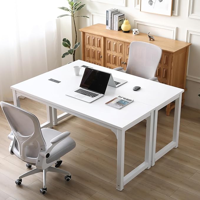 Large Computer Desk - 63 Inch Home Office Desks Study Student Writing Table Gaming Desk Wood Modern Simple Table with USB Ports, White