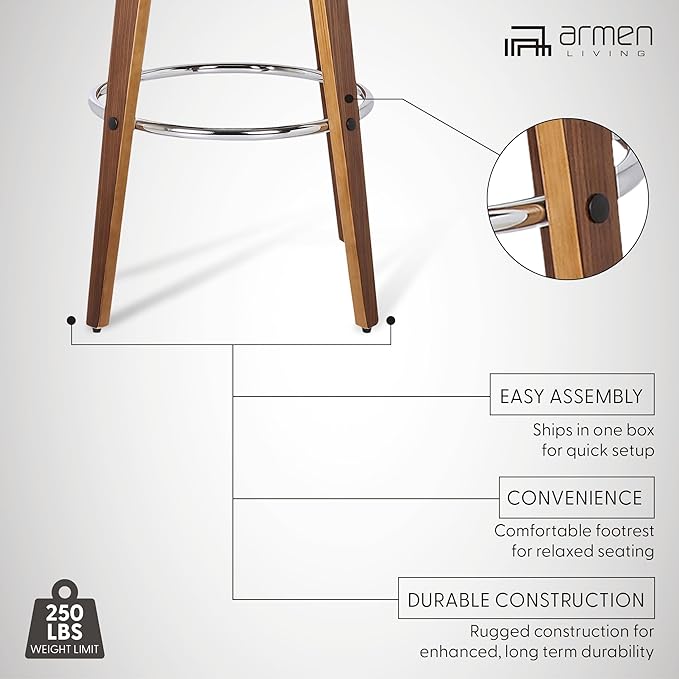 Armen Living Shelly 26" Counter Height Swivel Brown Faux Leather and Walnut Wood Bar Stool - Set of 3