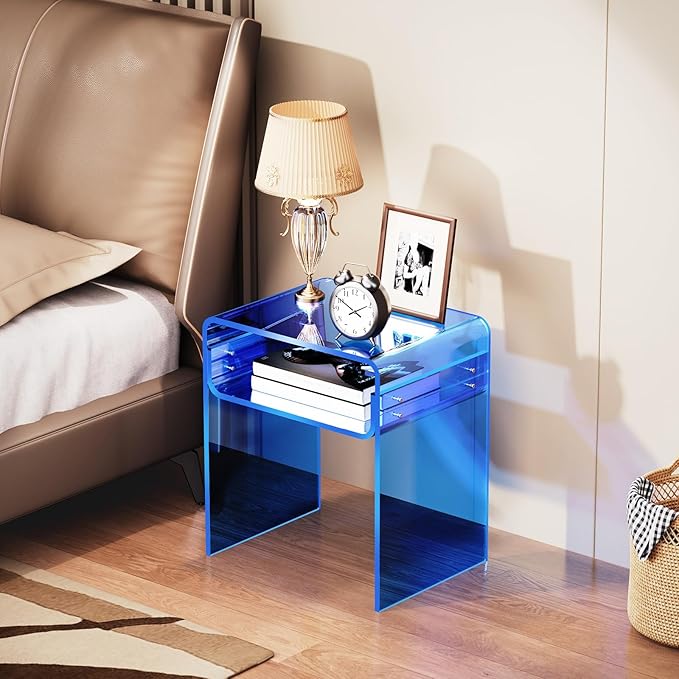 Clear Acrylic End Table 2-Tier Bedside nightstand for Living Room Bedroom Home Decor (Blue)
