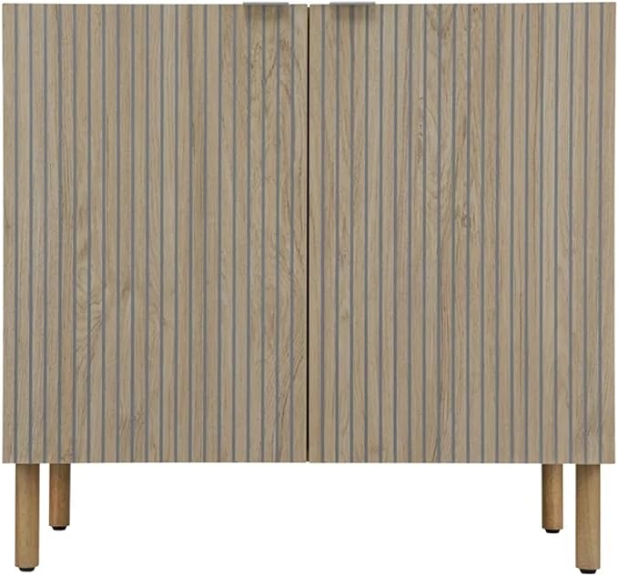 Sango Merk 2-Door Cabinet, Modern Brown Storage Cabinet with Vertical Groove Doors, Adjustable Shelf, Cylindrical Wood Legs, Discreet Metal Finger Pulls, Stylish Furniture for Living or Dining Room