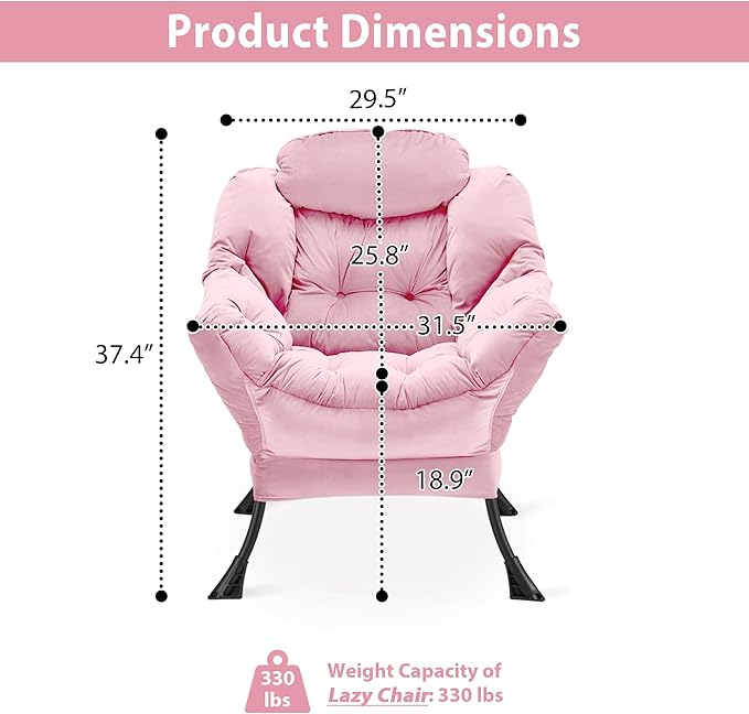 Lazy Chair Thick Padded, Comfy Velvet Accent Lounge Chair with Stable Frame, Leisure Sofa Armchair with Armrests and Side Pocket, Reading Chair for Bedroom, Living Room, Office, Pink