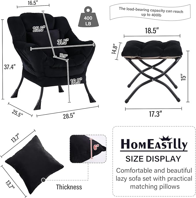 Lazy Chair with Ottoman, Modern Lounge Accent Chair with a Pillow, Leisure Sofa Armchair Set, Reading Chair with Footrest for Living Room, Bedroom, Dorm Room, Office, Velvet Black