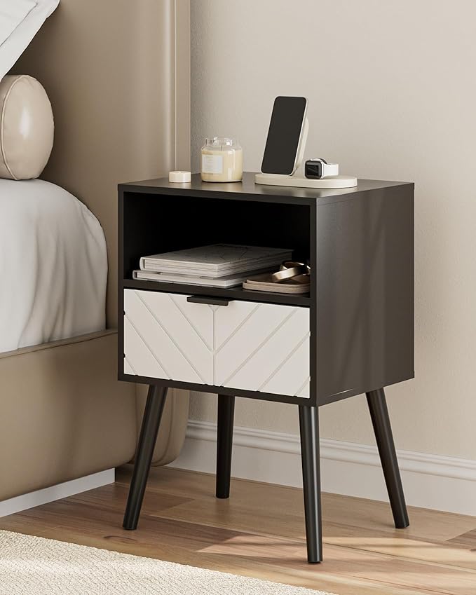 Nightstand,Bedside Table with Gold Frame, Black Night Stand, Modern Bedside Furniture,End Table with Drawer and Shelf for Bedroom,Living Room