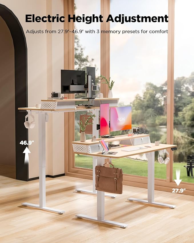 48x24 Inch Standing Desk with Double Drawers, C-Clamp Mount Compatible, Electric Adjustable Height Computer Stand Up Desks, Home Office Sit Stand Table with 3 Preset Heights & 2 Hooks, Natural
