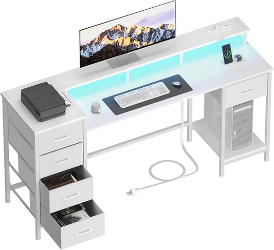 55 Inch Computer Gaming Desk with Power Outlets LED Lights, Reversible Home Office with Adjustable Fabric Storage Drawers for Working Writing Study, White