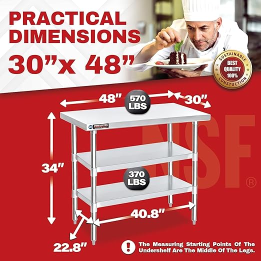 DuraSteel Food Prep Stainless Steel Table - 30 x 48 Inch Commercial Metal Workbench with Adjustable Under Shelf - NSF Certified - for Restaurant, Warehouse, Home, Kitchen, Garage