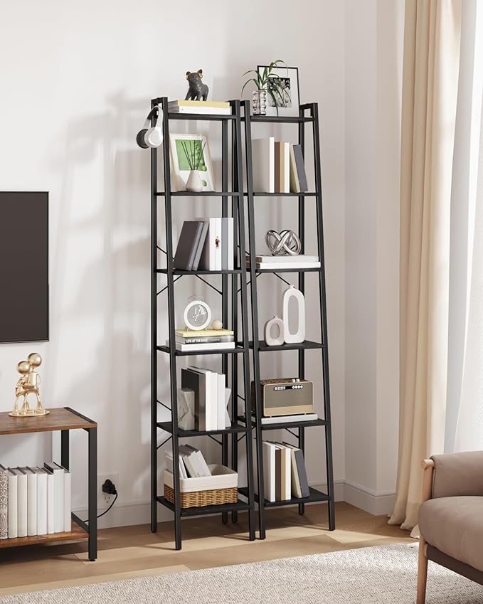 Ladder Shelf, Bookshelf Bookcase, Freestanding Corner Storage Shelve with 2 Hooks for Home Office, Living Room, Kitchen, Bedroom, Industrial, 6-Tier Black BC13304B
