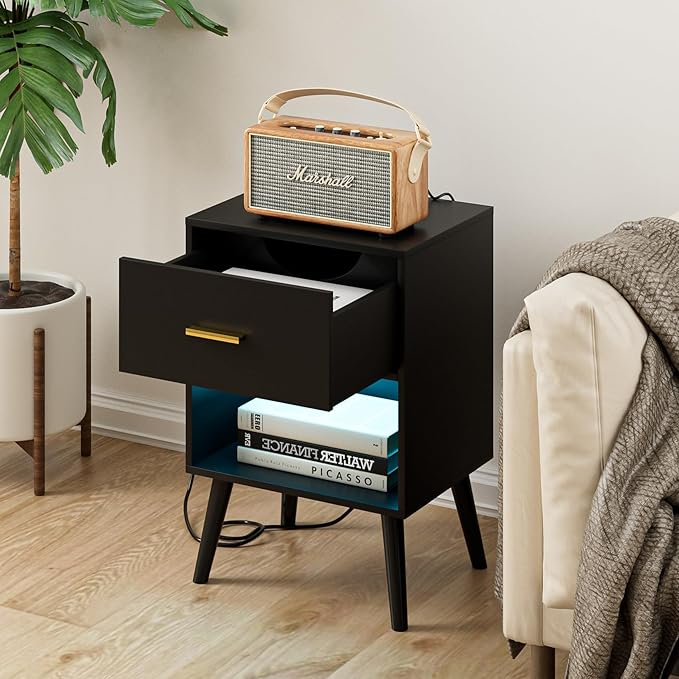 Nightstand with Charging Station and LED Lights, Small Side Table, Bedside Table with Drawer, Modern Night Stand, End Table for Bedroom, Living Room (Black)