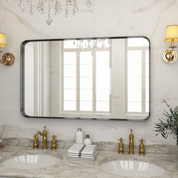 Bathroom Mirror 30x48 inch, Black Gorgeous Deep Frame Wall Mirror, Modern Round Corner Bathroom Vanity Mirror for Bedroom, Living Room, Hanging or Leaning Horizontal or Vertical, Black
