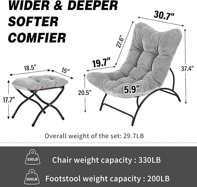 Welnow Accent Lounge Lazy Chair, Comfy Soft Leisure Metal Frame Reading Chair, Upholstered Thick Cushion Seated Recliner Sofa for Living Room, Bedroom, Dorm, Light Grey