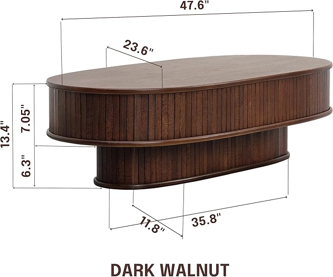 NTC Stream DOU Coffee Table, Modern Double-Layer Oval Wooden Center Table with Vertical Groove Design, Stylish Living Room Decor, Contemporary Minimalist Style, Easy Assembly - Dark Walnut