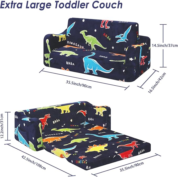 Kids Couch Extra Large,Glow in The Dark 2-in-1 Folding Kids Sofa Bed for Boys,2 Seats Convertible Sleeper Lounger Toddler Couch for Children Bedroom Playroom Nursery,Dinosaur