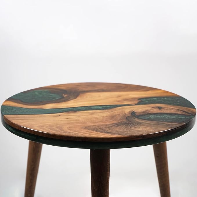 20" Resin Walnut Round Side Table | Epoxy End Table | Coffee Table | Mid Century Modern Resin Walnut | Living Room Furniture | Green Color