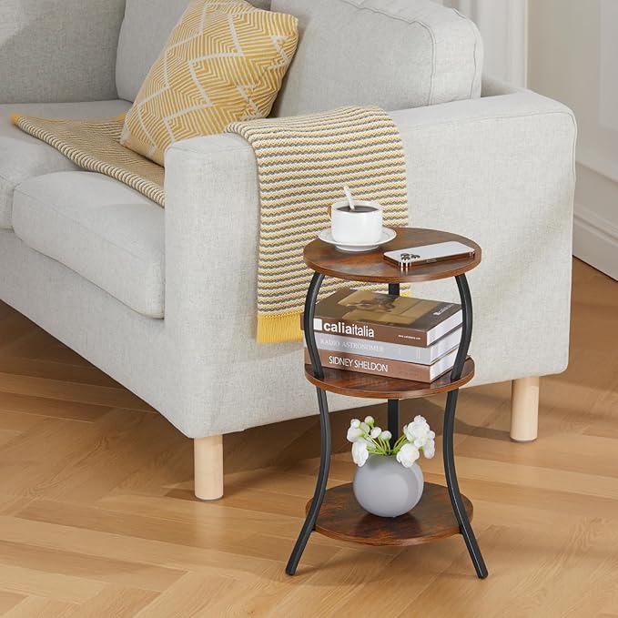 Vintage Small Round Side Table, 3-Tier Slim Waist Circular End Table with Storage Shelf, Compact Tea Sofa Table, Round Corner Coffee Table Nightstand for Living Room Bedroom Small Spaces,Rustic Brown