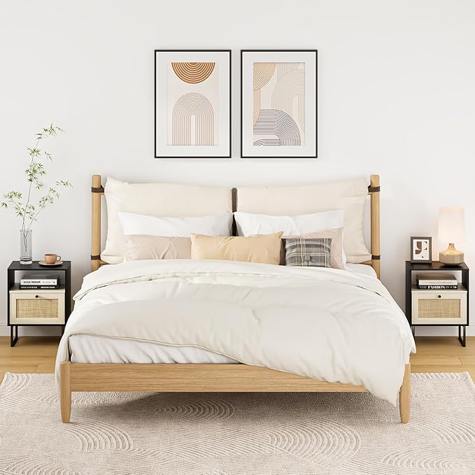 Rattan Nightstand, Boho Night Stand Farmhouse Wood Bedside Table with Storage and Open Shelf, End Side Accent Table for Bedroom,Living Room,Black and Oak