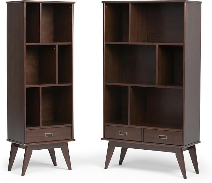 SIMPLIHOME Draper Bookcase - 64 inch Tall Solid Hardwood Storage Bookshelf in Medium Auburn Brown, Mid-Century Modern Storage for Living Room, Study or Office with Adjustable Shelves and Angled Legs