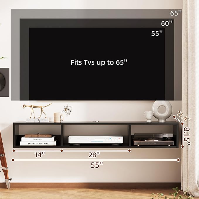 55" Floating TV Stand Modern Floating TV Console Wall Mounted Entertainment Center with Open Storage Cabinet Storage for Living Room Bedroom, Black