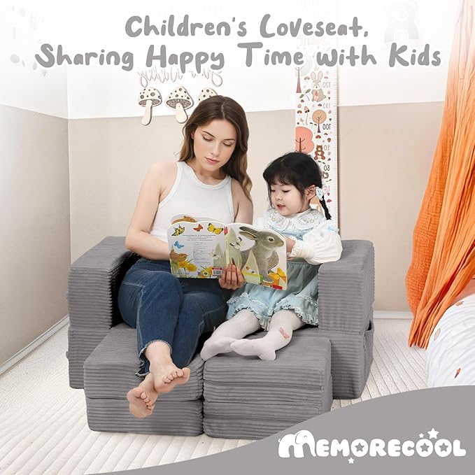 MeMoreCool Modular Kids Couch, Corduroy Play Toddler Couch for Bedroom Playroom Furniture, Convertible Foam Kids Sofa Bed, Fold Out Baby Sofa for Girl Boy, Light Grey