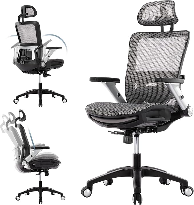 COLAMY Ergonomic Mesh Office Chair with Footrest, High Back Computer Executive Desk Chair with Headrest and 4D Flip-up Armrests, Adjustable Tilt Lock and Lumbar Support-Grey