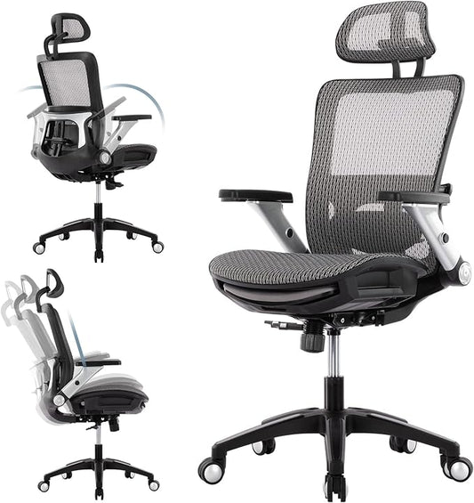 COLAMY Ergonomic Mesh Office Chair with Footrest, High Back Computer Executive Desk Chair with Headrest and 4D Flip-up Armrests, Adjustable Tilt Lock and Lumbar Support-Grey