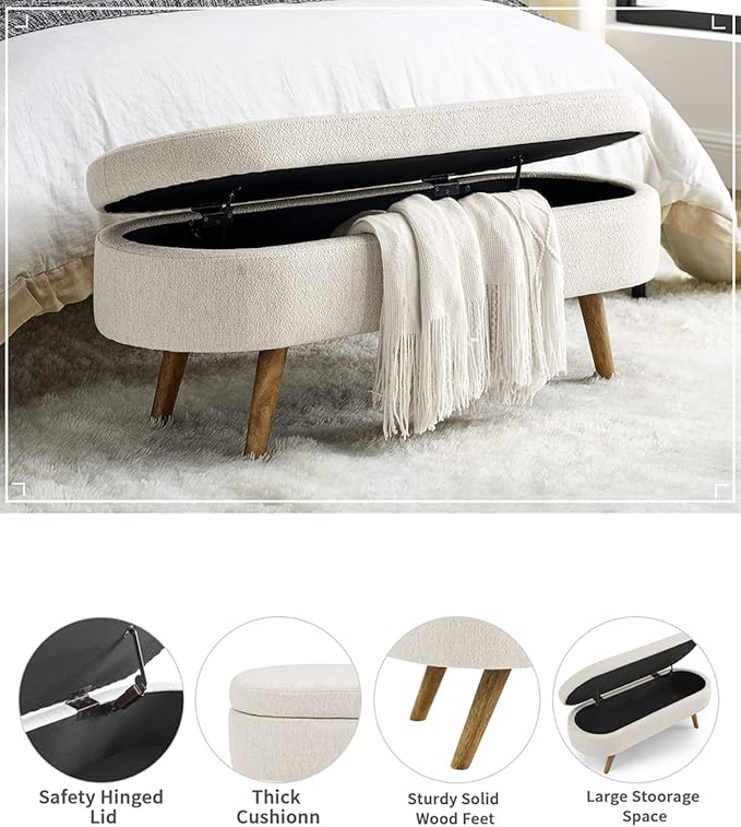 Oval Storage Bench 43.5" Linen Fabric Upholstered Entryway Bench with Solid Wood Legs Ottoman Bench Indoor Bench for Living Room/Bedroom/End of Bed/Entryway (Beige)