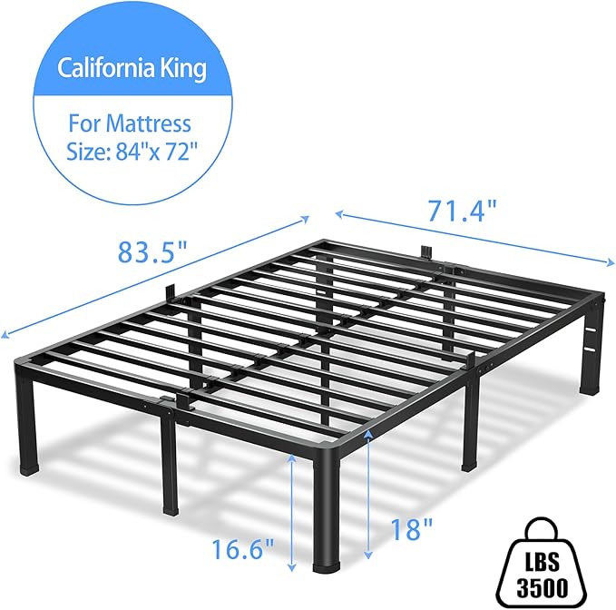 18 Inch California King Bed Frame, 3500Lbs Heavy Duty Metal Platform with Round Corner Legs Mattress Slide Stopper, Steel Slat Support No Box Spring Needed, Noise Free, Non-Slip, Easy Assembly
